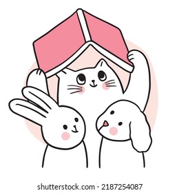 Cartoon cute funny cat and rabbit and dog reading book vector.