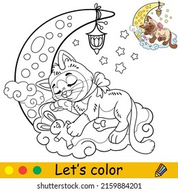 Cartoon cute funny cat sleeping on the moon. Coloring book page with colorful template for kids. Vector isolated illustration. For coloring book, print, game, party, design