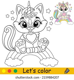 Cartoon cute funny cat unicorn sitting on a rainbow. Coloring book page with colorful template for kids. Vector isolated illustration. For coloring book, print, game, party, design