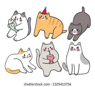 Caricatura lindo y divertido conjunto de vectores de gatos.