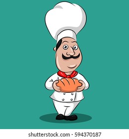 cartoon cute funny chef cook in the cap with bread