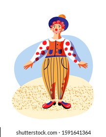 Cartoon cute funny circus clown character wearing colorful costume on stage. Friendly smiling male artist with red nose and makeup on face. Amazing show. Amusement event. Vector flat illustration