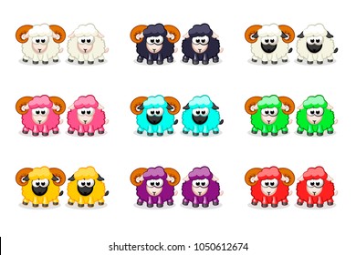 Cartoon cute funny colored sheep and ram, vector animals