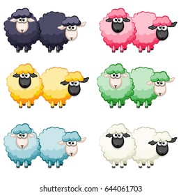 Cartoon cute funny colored sheep, vector animals