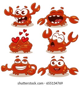 Cartoon cute and funny crab character vector set isolated on white background. Sea and ocean animals.