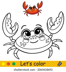 Cartoon cute and funny crab. Coloring book for preschool kids with easy educational gaming level. Freehand sketch drawing. Vector illustration. For print, game, education, party, design and decor