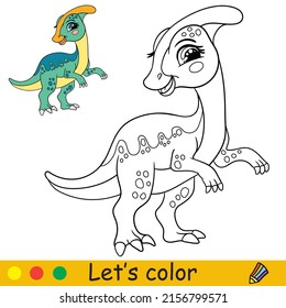 Cartoon cute funny dinosaur Parasaurolophus. Coloring book page with colorful template for kids. Vector isolated illustration. For coloring book, print, game, party, design