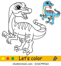 Cartoon cute funny dinosaur Velociraptor. Coloring book page with colorful template for kids. Vector isolated illustration. For coloring book, print, game, party, design