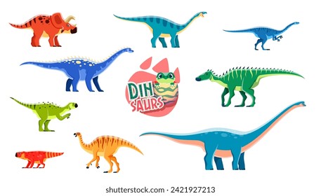 Cartoon cute and funny dinosaurs characters. Paleontology extinct reptiles. Camptosaurus, Lufengosaurus, Psittacosaurus and Arrhinoceratops, Coloradisaurus, Bagaceratops dinosaur vector personages