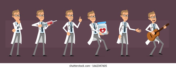Cartoon cute funny doctor with stethoscope in white uniform. Scientist with syringe, medicament and guitar. Ready for animations. Isolated on violet background. Big vector icon set.