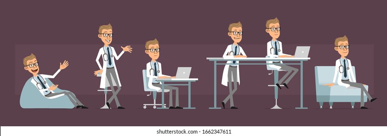 Cartoon cute funny doctor with stethoscope in white uniform. Scientist working on laptop and resting with coffee on sofa. Ready for animations. Isolated on violet background. Big vector icon set.