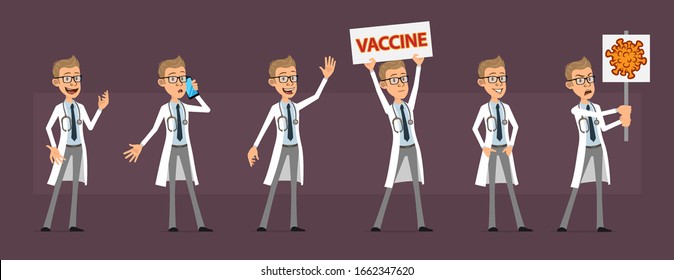 Cartoon cute funny doctor with stethoscope in white uniform. Scientist with vaccine sign against coronavirus. Ready for animations. Isolated on violet background. Big vector icon set.