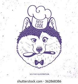 Cartoon cute and funny dog husky in chefs hat holding a spoon in mouth. Vector illustration