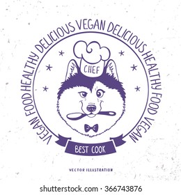 Cartoon cute and funny dog husky in chefs hat holding a spoon in mouth. Vector illustration
