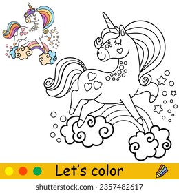 Cartoon cute funny doodle unicorn with a rainbow. Coloring book page. Black and white vector isolated illustration with colorful template for kids. For coloring book, print, game, party, design