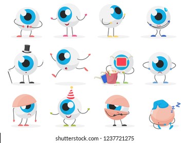 Cartoon cute funny eye ball emoticon character emotions poses set.