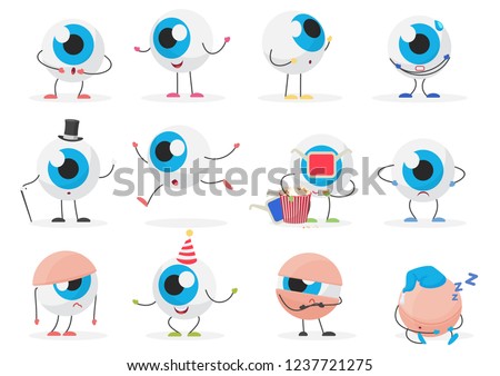 Cartoon cute funny eye ball emoticon character emotions poses set.