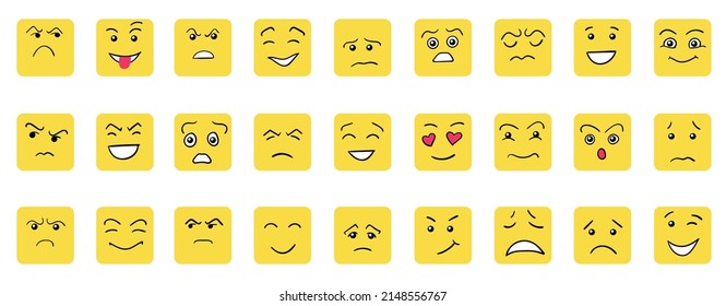Cartoon cute and funny faces with positive and negative emotions. Comic caricature characters with eyes and mouth. Hand drawn facial expressions set. Vector flat avatar icons.