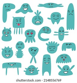 Caricatura caras lindas y graciosas con emociones positivas y negativas. Los personajes monstruosos cómicos con ojos y boca. Conjunto de expresiones faciales dibujadas a mano. Iconos de bacteria plana vectorial.