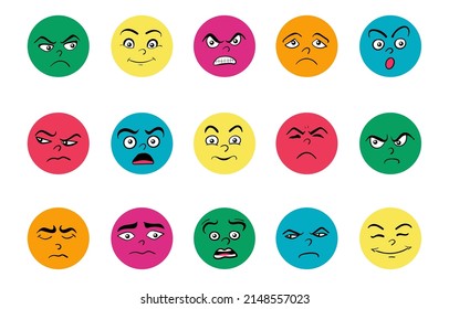 Cartoon cute and funny faces with positive and negative emotions. Comic caricature characters with eyes and mouth. Hand drawn facial expressions set. Vector flat avatar icons.