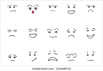 Cartoon cute and funny faces with positive and negative emotions. Comic caricature characters with eyes and mouth. Hand drawn facial expressions set. Vector flat avatar icons.