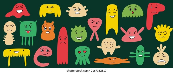 Cartoon cute and funny faces with positive and negative emotions. Comic monster characters with eyes and mouth. Hand drawn facial expressions set. Vector flat bacterium icons.