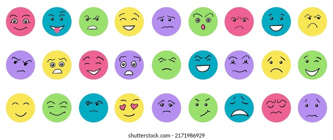 Cartoon cute and funny faces with positive and negative emotions. Comic caricature characters with eyes and mouth. Hand drawn facial expressions set. Vector flat avatar icons.