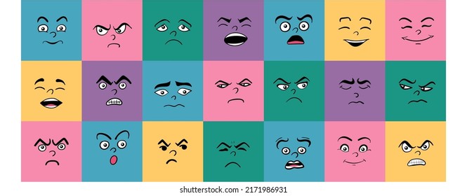 Cartoon cute and funny faces with positive and negative emotions. Comic caricature characters with eyes and mouth. Hand drawn facial expressions set. Vector flat avatar icons.