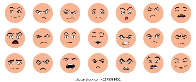 Cartoon cute and funny faces with positive and negative emotions. Comic caricature characters with eyes and mouth. Hand drawn facial expressions set. Vector flat avatar icons.