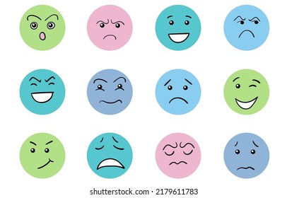 Cartoon cute and funny faces with positive and negative emotions. Comic caricature characters with eyes and mouth. Hand drawn facial expressions set. Vector flat avatar icons.