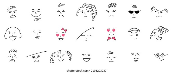 Cartoon cute and funny faces with positive and negative emotions. Comic caricature characters with eyes and mouth. Hand drawn facial expressions set. Vector flat avatar icons.