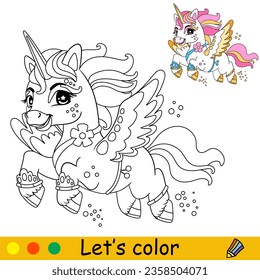 Cartoon cute funny flying wingled unicorn. Coloring book page. Black and white vector isolated illustration with colorful template for kids. For coloring book, print, game, party, design