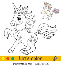 Cartoon cute and funny frolicking unicorn. Coloring book page with colorful template for kids. Vector isolated illustration. For coloring book, print, game, education, party, design, decor, apparel