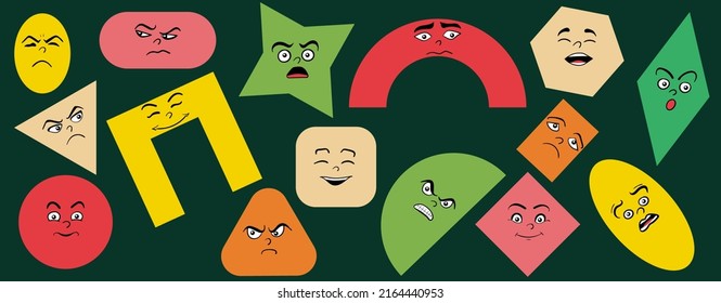 Cartoon cute and funny graphic shapes with positive and negative emotions. Comic caricature characters with eyes and mouth. Hand drawn facial expressions set. Vector flat avatar icons.