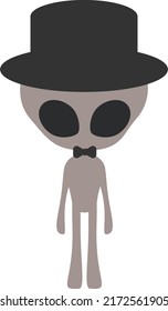 Cartoon cute funny grey alien character with standing pose, wearing fedora, top hat. Isolated on white background, flat design, vector, illustration, EPS10