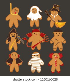 Cartoon cute funny Halloween cookies. Gingerbread horror characters set. Vector illustration