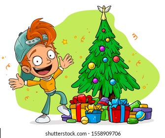 Cartoon cute funny happy redhead little boy with fir-tree and gifts boxes. Layered vector for animations. Isolated on white background. New Year and Christmas vector icon.