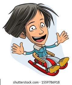 Cartoon cute funny happy smiling little girl riding on wooden sled. Layered vector for animations. Isolated on white background. New Year and Christmas vector icon.