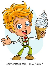 Cartoon cute funny happy smiling little boy with tasty ice cream in waffle cone. Layered vector for animations. Isolated on white background. New Year and Christmas vector icon.