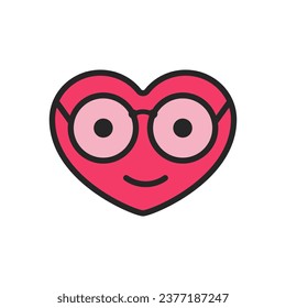 Cartoon cute funny heart with face wears glasses. Color vector.