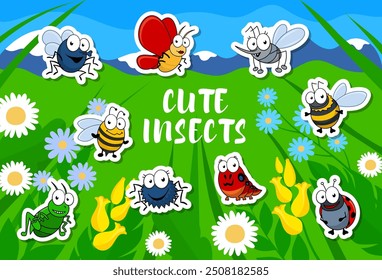 Cartoon cute funny insect characters stickers pack. Vector set of patches with bee, butterfly, grasshopper, spider and ladybug, mosquito and caterpillar on a bright, green grassy field with flowers