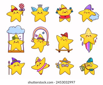 Cartoon niedliche lustige Kawaii-Sterne und blitzende Charaktere. Glückliche kleine Stars Vektorgrafik Persönlichkeiten mit Wolke, Regenbogen, Lutscher Süßigkeiten und Prinzessinnenkrone, Reiten Skateboard, Tanzen, Sportübungen