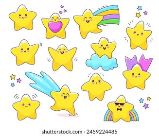 Caricatura linda divertida kawaii estrellas y personajes brillan en el cielo con nubes y arco iris. Estrellas fugaces de Vector personajes con caras felices y brillo amarillo, gafas de sol, corazones, cintas y pajarita