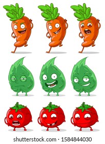 Cartoon cute funny little carrots, tomatoes and green leaf with crazy face expressions. Isolated on white background. Vector icon set.