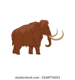 Cartoon cute funny mammoth with brown hair. Vector cute nice baby mamont, prehistoric extinct animal with ivory tusk, funny creature