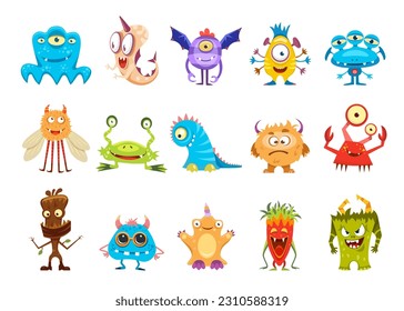 Cartoon cute funny monster characters and kids bizarre creatures, vector mutants. Silly monsters and alien animals troll, yeti and goblin with cheerful gremlin and cyclops or unicorn and furry fly