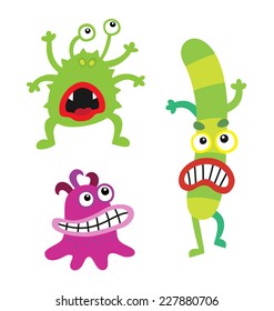 Cartoon cute and funny monsters and bacterias.  Vector microbes isolated on white.