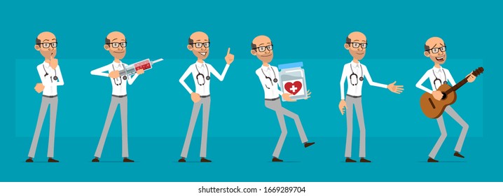 Cartoon cute funny old doctor character with stethoscope and glasses. Scientist with syringe, medicament and guitar. Ready for animations. Isolated on blue background. Big vector icon set.