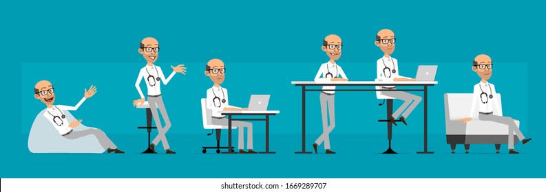Cartoon cute funny old doctor character with stethoscope and glasses. Scientist working on laptop and resting on sofa. Ready for animations. Isolated on blue background. Big vector icon set.