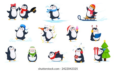 Caricatura lindo y graciosos personajes pingüinos haciendo actividades navideñas de invierno. Aves de pingüino felices personajes vectores con nieve, trineo, sombreros y bufandas, árbol de navidad, regalo, patines de hielo y bolas de nieve